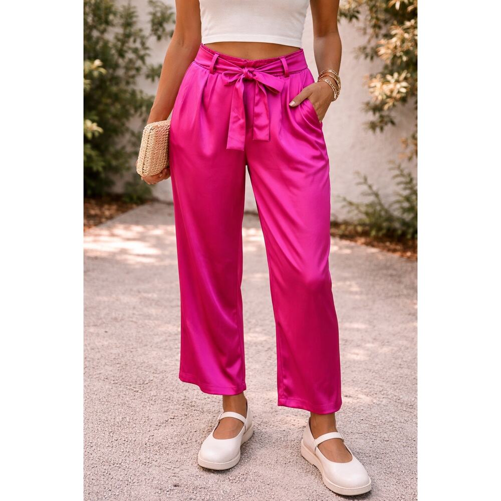 Band of the Free Fuchsia Satin Paperbag Waist Tie Pants XS Wide Leg 🌼